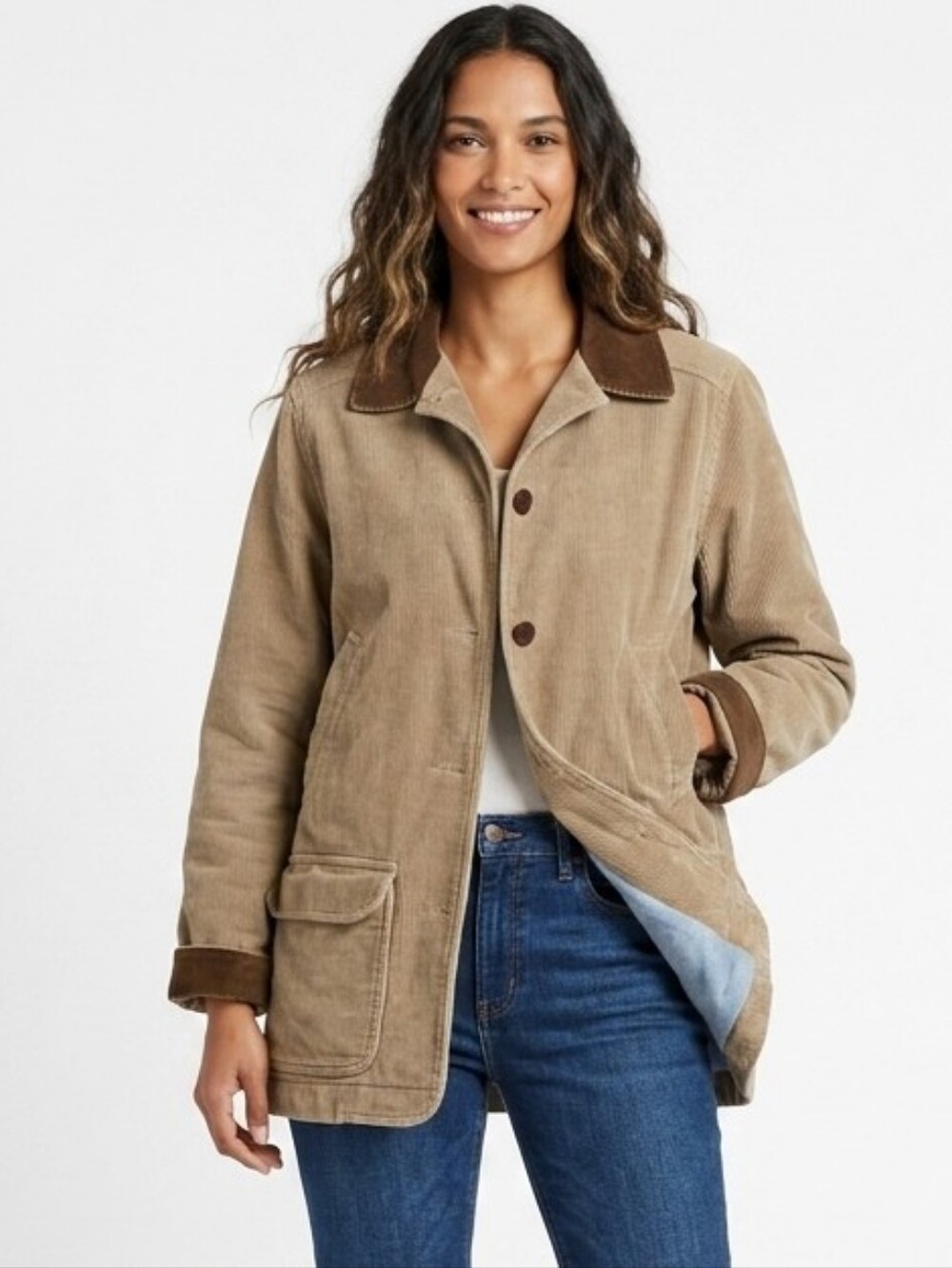 Vintage L.L. Bean Corduroy Button-Front Collared Utility Chore Jacket in Taupe